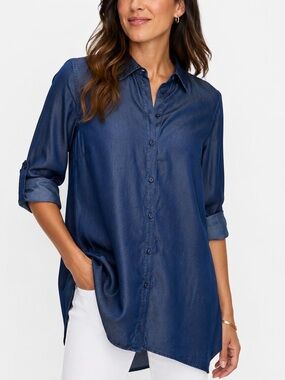 Zac & Rachel Blue Chambray Tunic blouse w/sharkbite hem roll up sleeve LG 393